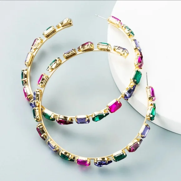 Hoop Earrings Multi-color Rhinestones Vibrant Jewel-Toned Large/Jumbo Hoops - Picture 7 of 12